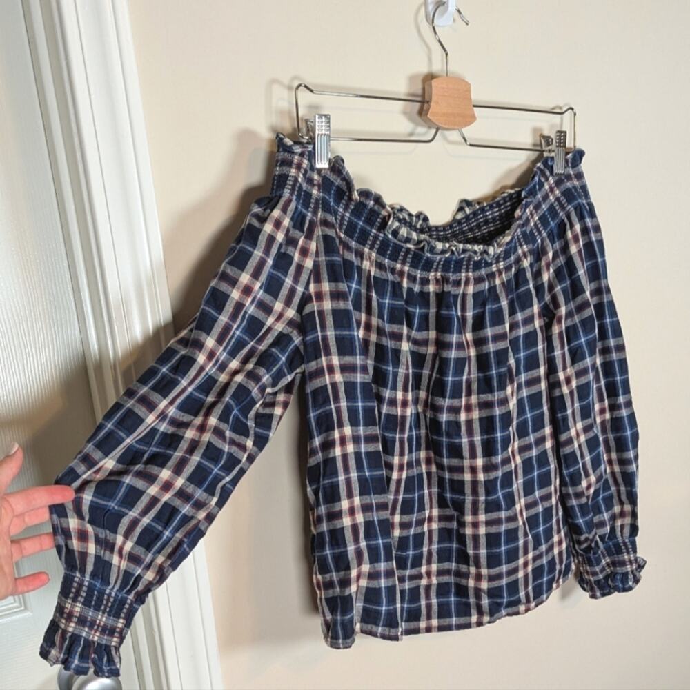 Maven West Off Shoulder Bubble Sleeve Plaid Blouse